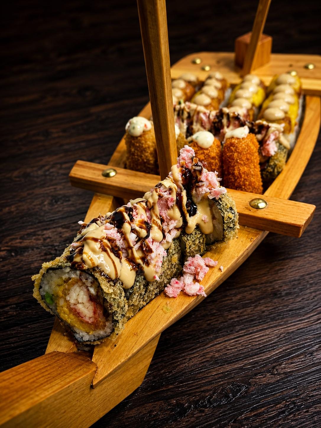 Barco de madera con rollos de sushi aplatanado y salsa de anguila