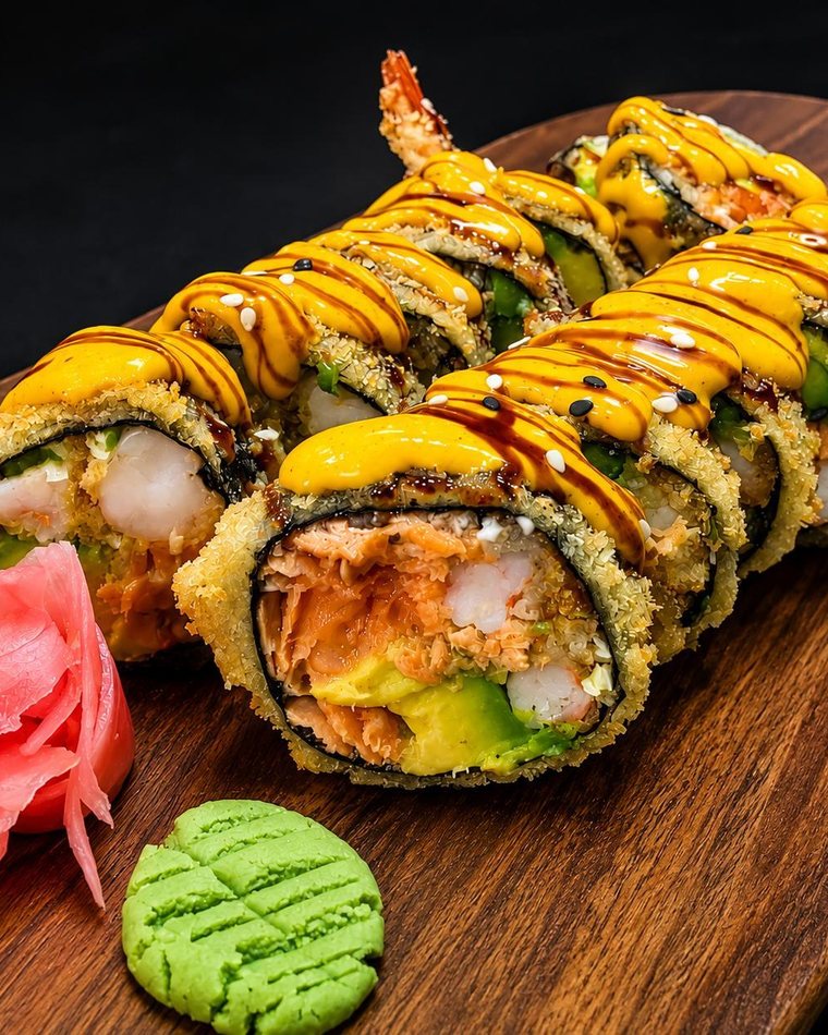 Ebisake roll con salsa cremosa y vegetales sobre madera
