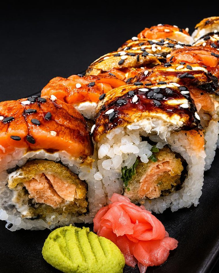 Miami roll cubierto de salmón con wasabi y jengibre