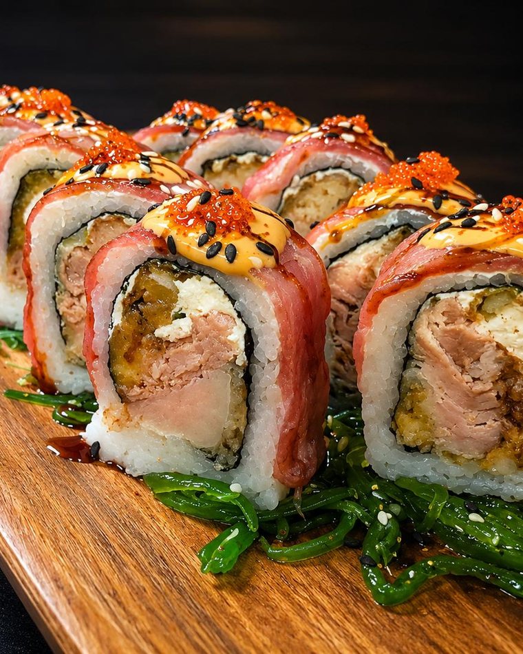 Misaki tuna roll con tocineta y vegetales sobre tabla de madera