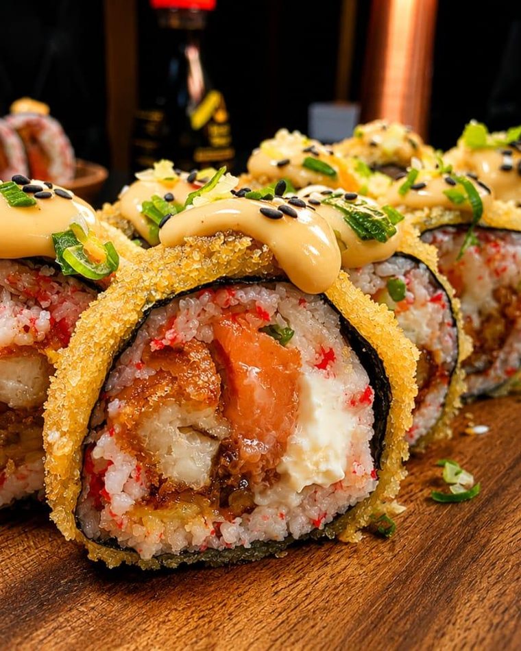 Quisqueya roll con cobertura crujiente y salsa cremosa