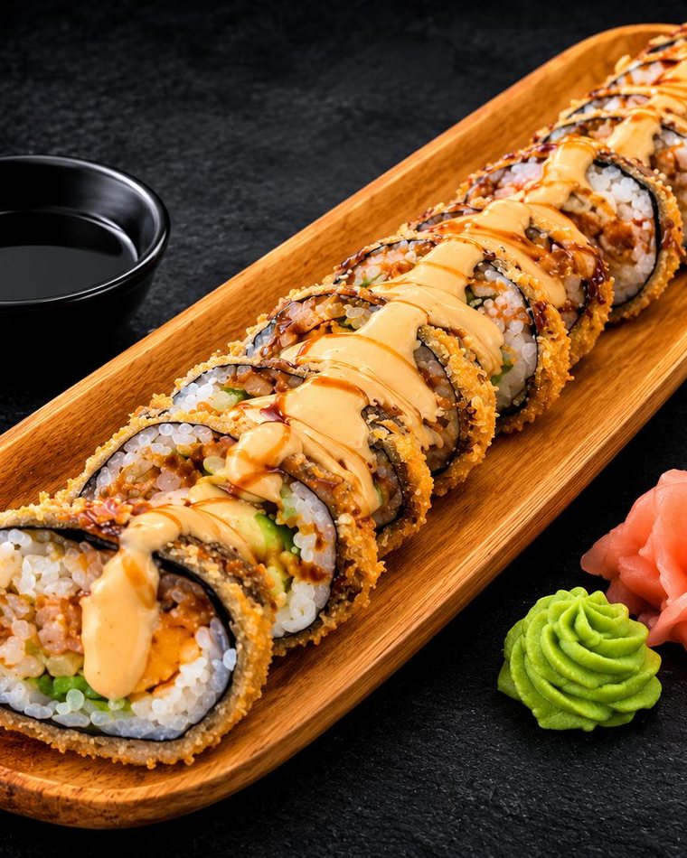 Tocioroll tempura con tocineta y salsa sobre tabla de madera