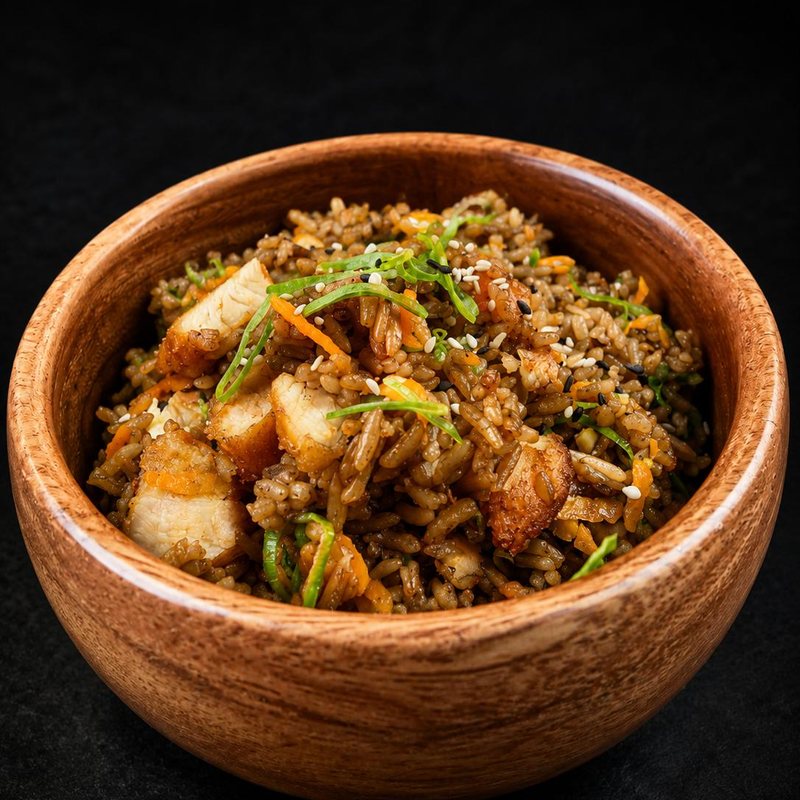 Chofan de pollo servido en bowl de madera
