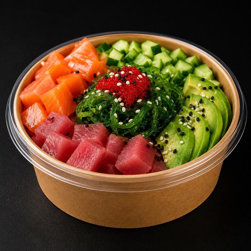 Poke bowl con salmón, aguacate, pepino y masago
